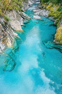 View of the blue pools on the Marokopa River, Haast Pass, Mount Aspiring National Park, Otago