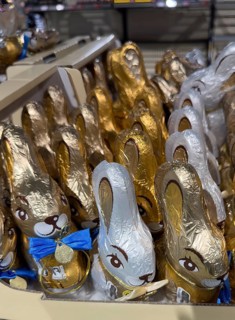 Display on retail shelf of wholesale chocolate Easter bunnies chocolate Easter bunnies wrapped in