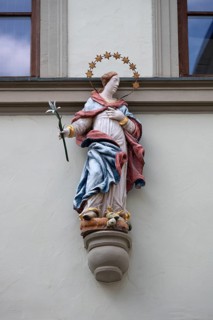 Figure of a saint on a town house, Bad Kissingen, Lower Franconia, Bavaria, Germany