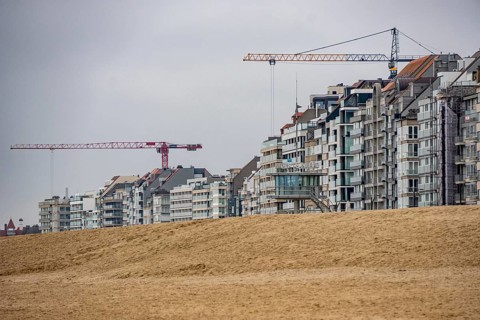 The skyline of Knokke-Heist, on the North Sea beach, dreary winter day, mostly apartment buildings