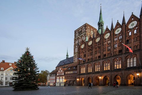 Stralsund medieval town hall, display façade at the Old Market Square, to the left the St. Nicholas