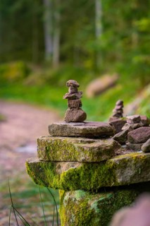 Balanced stone towers on a moss-covered stone along a forest path, Glaswaldsee, Bad