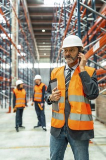 Warehouse manager wearing safety vest and helmet using phone and holding tablet while coordinating