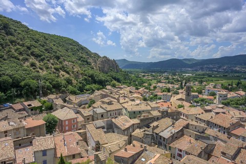 View of the village from the conglomerate rocks Les Pénitents, Les Mées, Alpes-de-Haute-Provence,