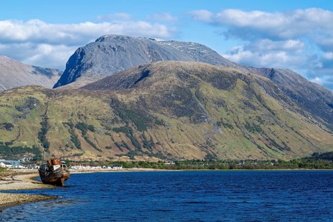 Corpach Wreck or Old Boat of Caol and Nevis Range Mountains, Caol Beach, Corpach, Fort William,