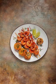 Tiger prawns on skewers, shrimp kebab, with corn, fried, homemade, no people