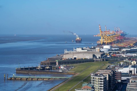 Container harbour on the Weser, view from the observation deck of the Sail-City skyscraper,