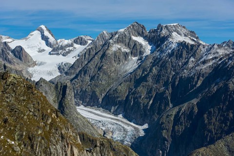 View from the Eggishorn to the Fiescher Glacier in the Aletsch Arena, Glacier, Tourism, Travel,