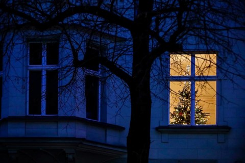 Luminous Christmas tree in a flat. Due to the corona pandemic, Christmas parties are only allowed