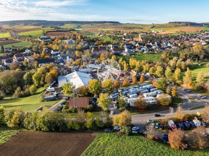 Aerial view of the town of Tengen, during the 734th Schätzele market, one of the most important