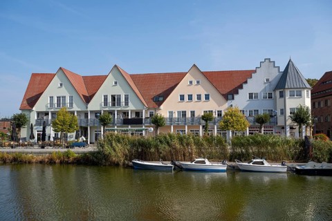 Gabled houses on the castle island, Peenestrom, Wolgast, Usedom Island, Mecklenburg-Western