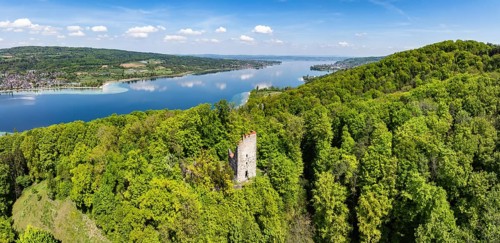 Aerial view, panorama of the Neuburg ruins, historical sight above Lake Constance, Untersee, Lake