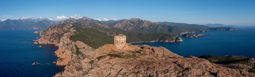 Aerial view, panorama, Genoese tower, stone tower, Torra di Turghju, Capo Rosso, Gulf of Porto,