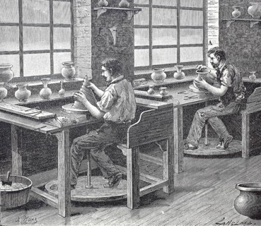 Worker in a porcelain factory around 1850, moulds on the potter's pane, France, digitally enhanced
