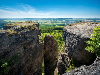 View from Staffelberg with crevice, Bad Staffelstein, Upper Franconia, Franconian Switzerland,