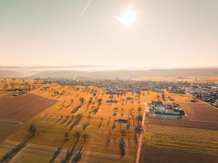 Spacious fields and trees, surrounding a village under bright sunbeams, Neubulach, Black Forest,