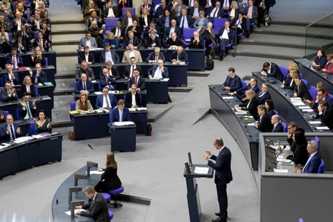 Friedrich Merz (CDU) speaks in the direction of the AfD parliamentary group during a Bundestag