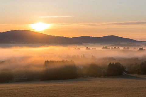 Oberlausitzer Bergland with fog in the morning light, view from Callenberg, Schirgiswalde-Kirschau,