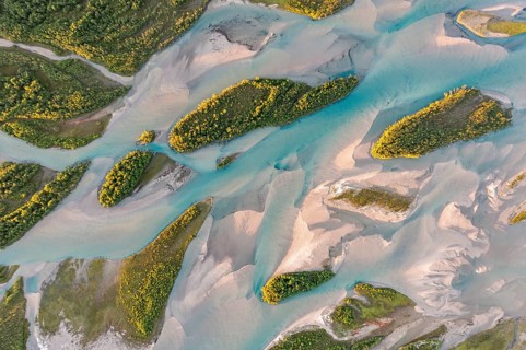 Aerial view, river delta with islands, river Glomåga, Mo i Rana, Norway