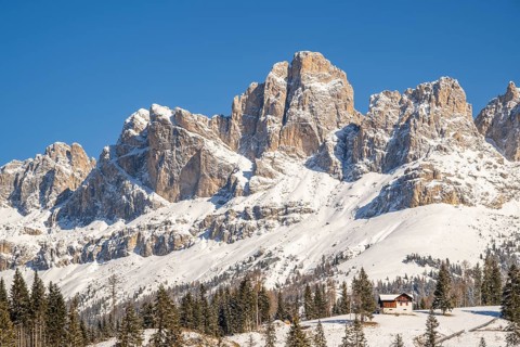 Beautiful landscape of the Mountain silhouettes of the Sexten Dolomites on a sunny winter day,