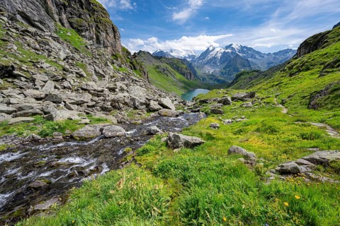 Mountain stream and mountain lake Lac de Louvie with glaciated summit of the Grand Combin, Val de