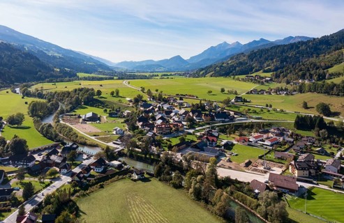 Drone image, residential buildings, view of the village, Pruggern, Ennstal, Styria, Austria