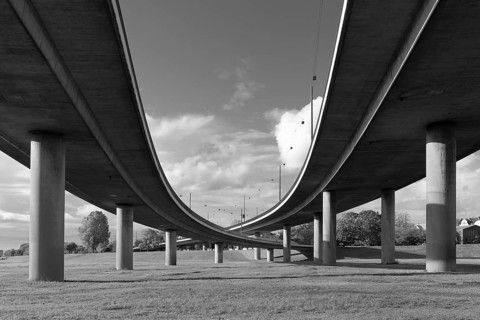 Curved ramp bridges, approach to the Rheinknie Bridge, cable-stayed bridge from 1965, Düsseldorf,