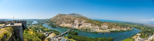 Panoramic of the river from the walls of Rozafa Castle and its citadel in the city of Shkoder.