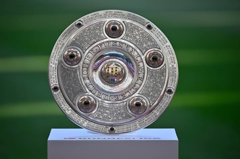 Bundesliga Meisterschale, trophy, cup, on podium, Allianz Arena, Munich, Bavaria, Germany