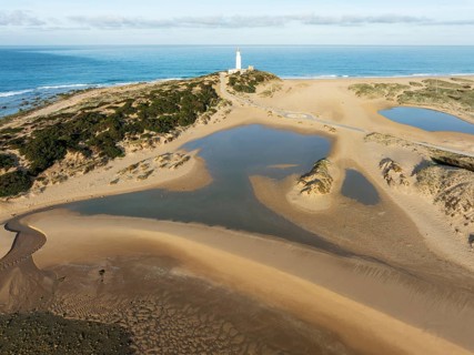 Cape Trafalgar at the Atlantic Ocean at low tide. Aerial view. Drone shot. Costa de la Luz, Cádiz