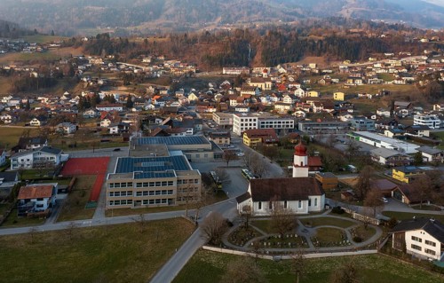 Drone image, residential buildings, settlement area, parish church, Thuringia, Großes Walsertal,