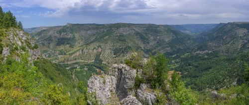 Panoramic view right mountain village Montbrun, mountain hike Les Moines, Gorges du Tarn Causses,