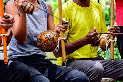 Berimbau players in capoeira performance in Brazil, Brazil