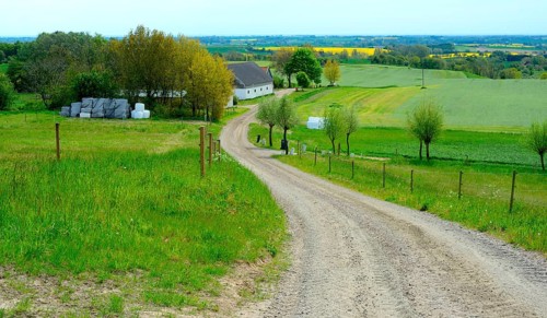Small gravel road in landscape with farmhouse on Romele ridge, Skurup municipality, Skåne county,