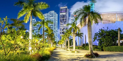 Miami skyline with skyscrapers at Maurice A. Ferré Park Panorama at night in Miami, USA