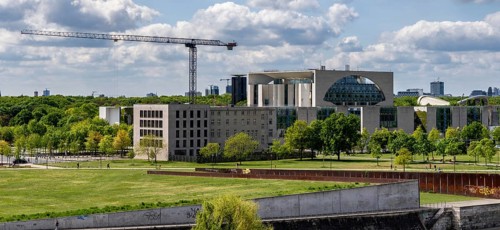 View of the Spree and Berlin's government district from the roof of the Futurium Museum, Germany