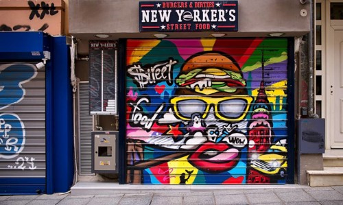 Graffiti on shutters, snack bar, New Yorker's, street food, closed, Thessaloniki, Macedonia, Greece