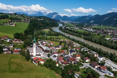 Drone image, view of village with parish church, Breitenbach am Inn, Inntal, Tyrol, Austria