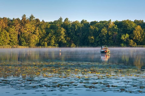 Morning atmosphere at Lake Grienerick, boat anchored, morning mist on the water, water lilies in