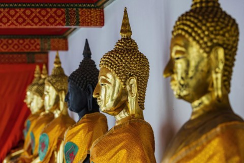 Historic Buddha statues at Wat Pho Temple, head, face, Buddhism, religion, world religion,