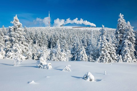 Deep snowy winter landscape with snow-covered spruce forest, view of the Brocken, the Brocken