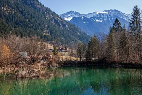 Small lake near Hinterstein, behind mountains of the Allgäu Alps, Bad Hindelang, Oberallgäu,