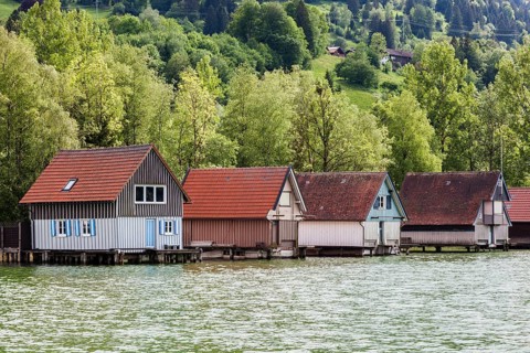 Boathouses in Bühl, Großer Alpsee, near Immenstadt, Oberallgäu, Allgäu, Bavaria, Germany
