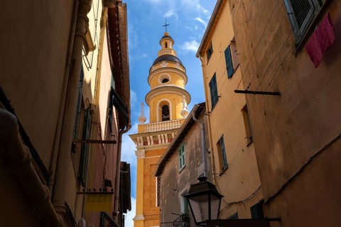 France, French Riviera, Menton Basilica Michael Archangel and old city streets in historic center