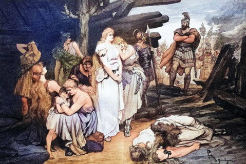 Captured Germanic woman in the Roman camp, Roman-Germanic War, c. 55 BC, coloured wood engraving,