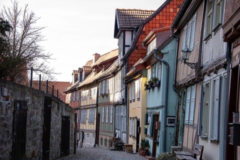 Historic half-timbered houses on the Schlossberg, World Heritage town of Quedlinburg,