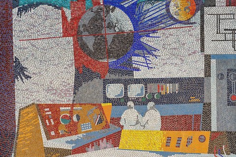 Detail from the glass mosaic Man conquers the cosmos in the style of Eastern Modernism, people in a