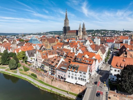 Aerial view of Ulm's historic city centre with the Danube and the cathedral, Ulm,
