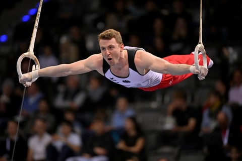 Nils Dunkel GER rings action gymnastics, EnBW DTB-Pokal, Porsche-Arena, Stuttgart,