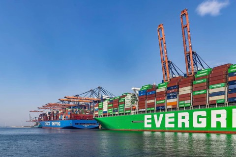 Container ship EVER GIFTED at Euromax Container Terminal. The mega ship has a length of 400 metres.